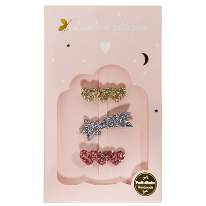 Coffret Dreamy - Barrettes 3 coeurs or, 3 coeur framboise & étoile filante