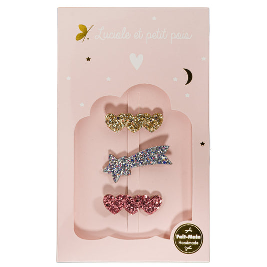 Coffret Dreamy - Barrettes 3 coeurs or, 3 coeur framboise & étoile filante