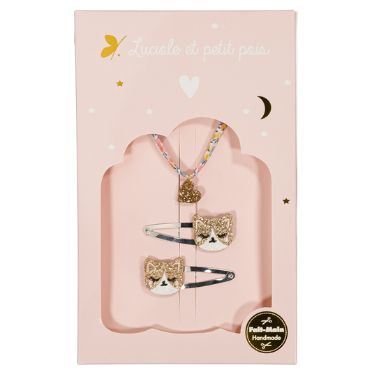 Coffret Pompon - Barrettes Kitty & bracelet Wiltshire bud (coeur)