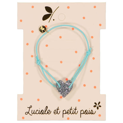 Bracelet cordon élastique menthe orné d'une perle en forme de coeur argenté