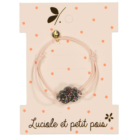 Bracelet cordon élastique rose pâle orné d'un nuage multicolore.