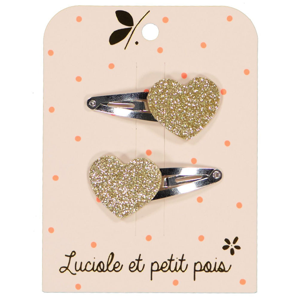 Heart Barrettes - Gold Glitter (Pair)