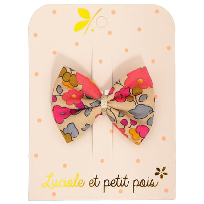 Barrette à cheveux en forme de nœud papillon - Liberty of London Betsy Fluo thé - Pince clic clac 5 cm | Luciole et petit pois