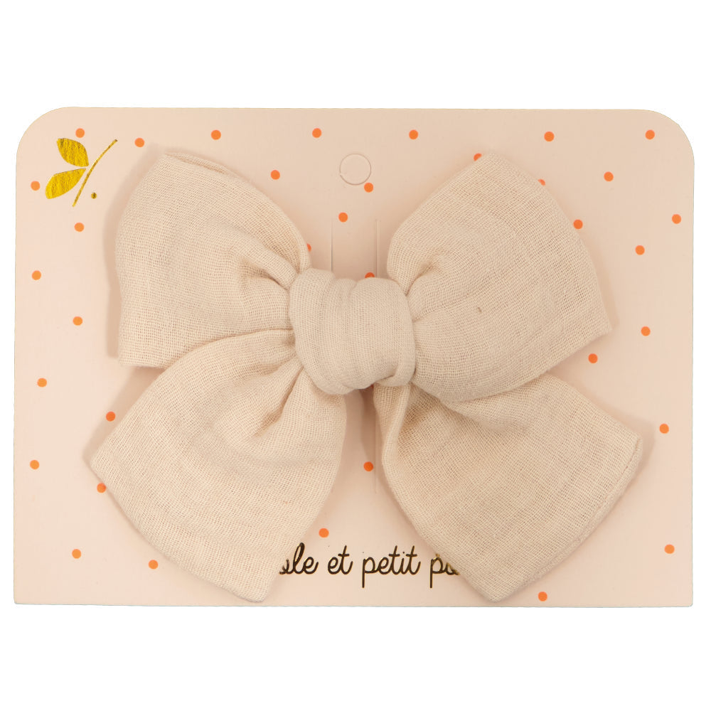 Barrette à cheveux nœud princesse en tissu double gaze beige pour les petites - Pince crocodile 6 cm | Luciole et petit pois