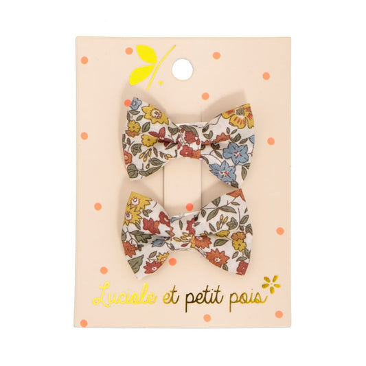 Paire de barrettes cheveux pour bébé en forme de noeuds papillons - Liberty Ava Autumn (vert) - Pinces clic clac 3 cm | Luciole et petit pois