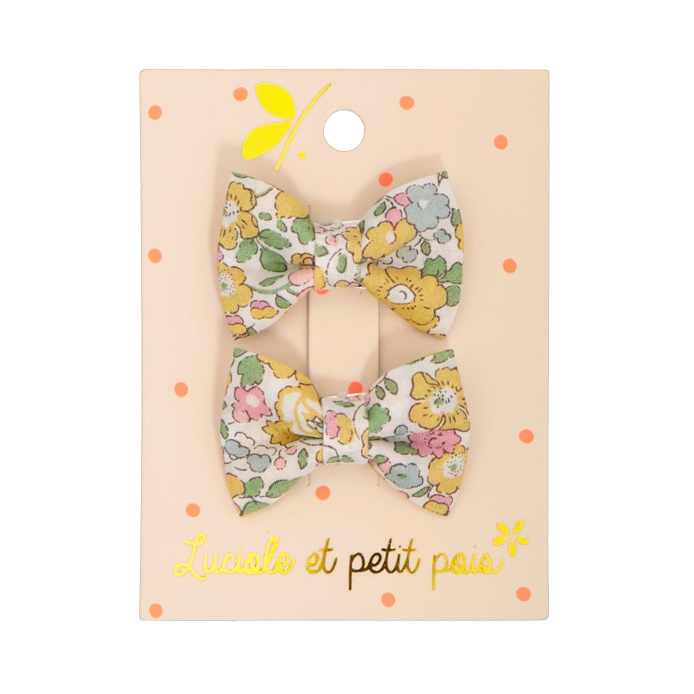 Paire de barrettes cheveux pour bébé en forme de noeuds papillons - Liberty Betsy fluo thé (orange) - Pinces clic clac 3 cm | Luciole et petit pois