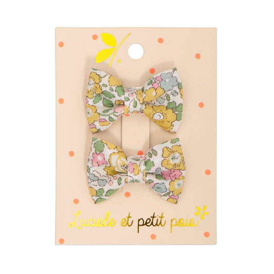 Paire de barrettes cheveux pour bébé en forme de noeuds papillons - Liberty Betsy fluo thé (orange) - Pinces clic clac 3 cm | Luciole et petit pois