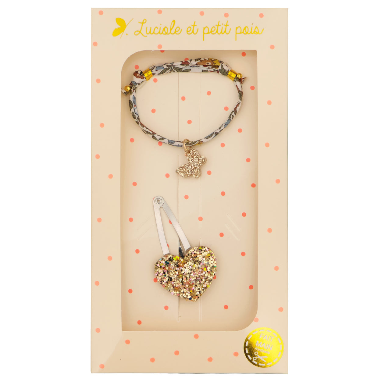 Coffret cadeau - Barrette cœur doré multi & bracelet Liberty Ava autumn (papillon doré) | Luciole et petit pois