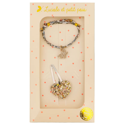 Coffret cadeau - Barrette cœur doré multi & bracelet Liberty Ava autumn (papillon doré) | Luciole et petit pois