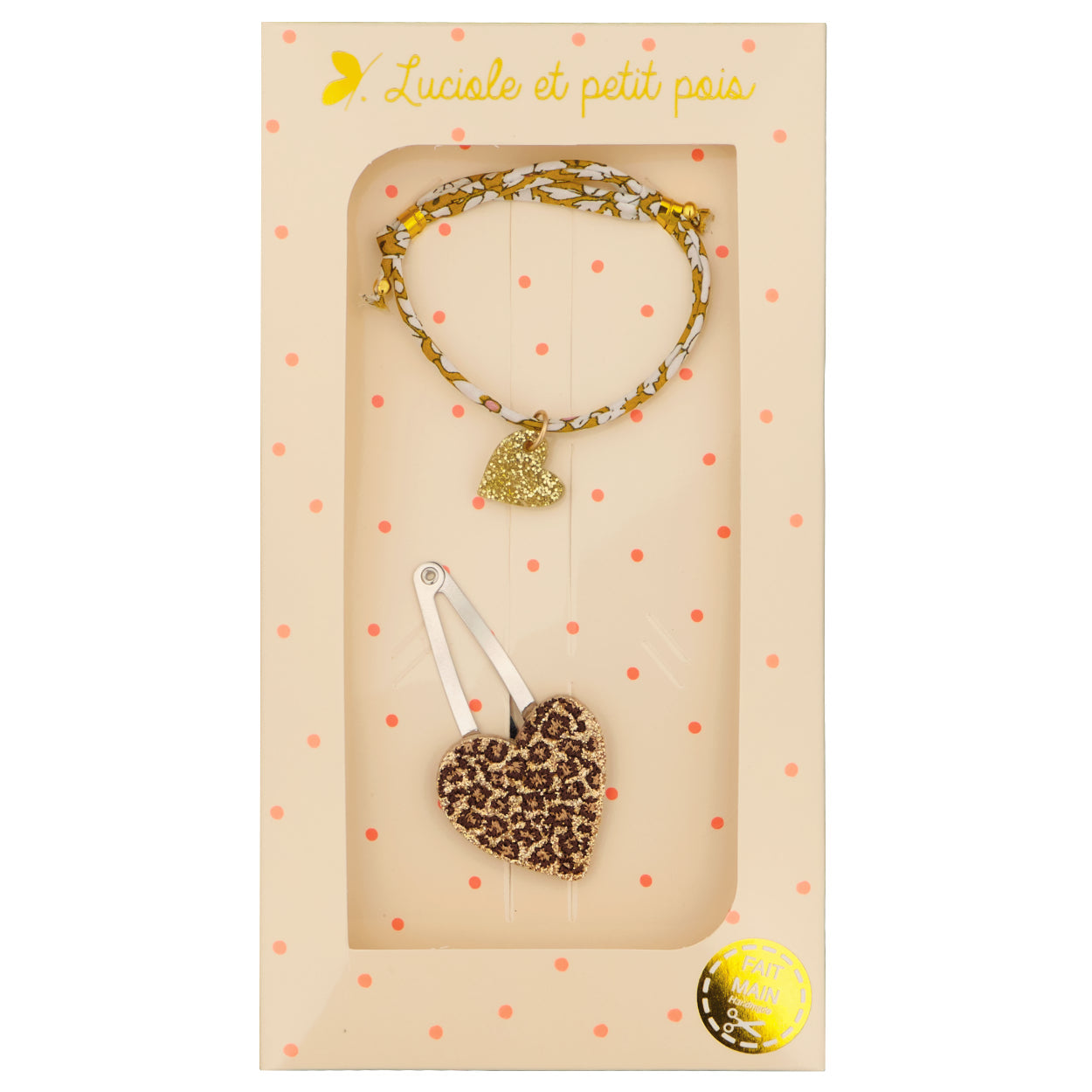 Coffret cadeau - Barrette cœur léo & bracelet Liberty Feather medow (cœur or jaune) | Luciole et petit pois