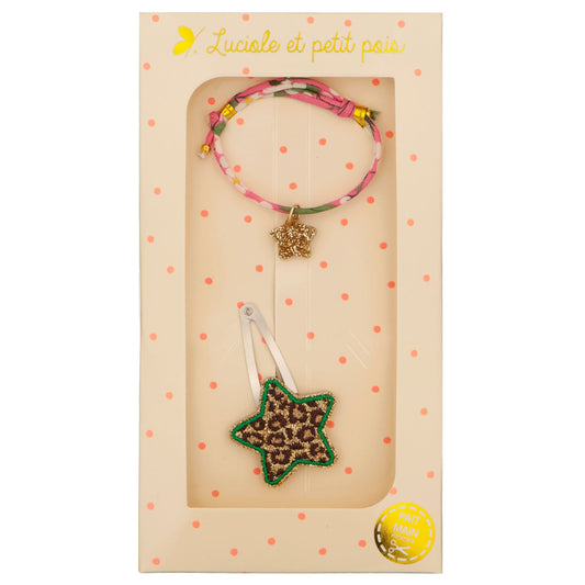 Coffret cadeau - Barrette étoile léo & bracelet Liberty Mitsi pivoine (étoile or) | Luciole et petit pois