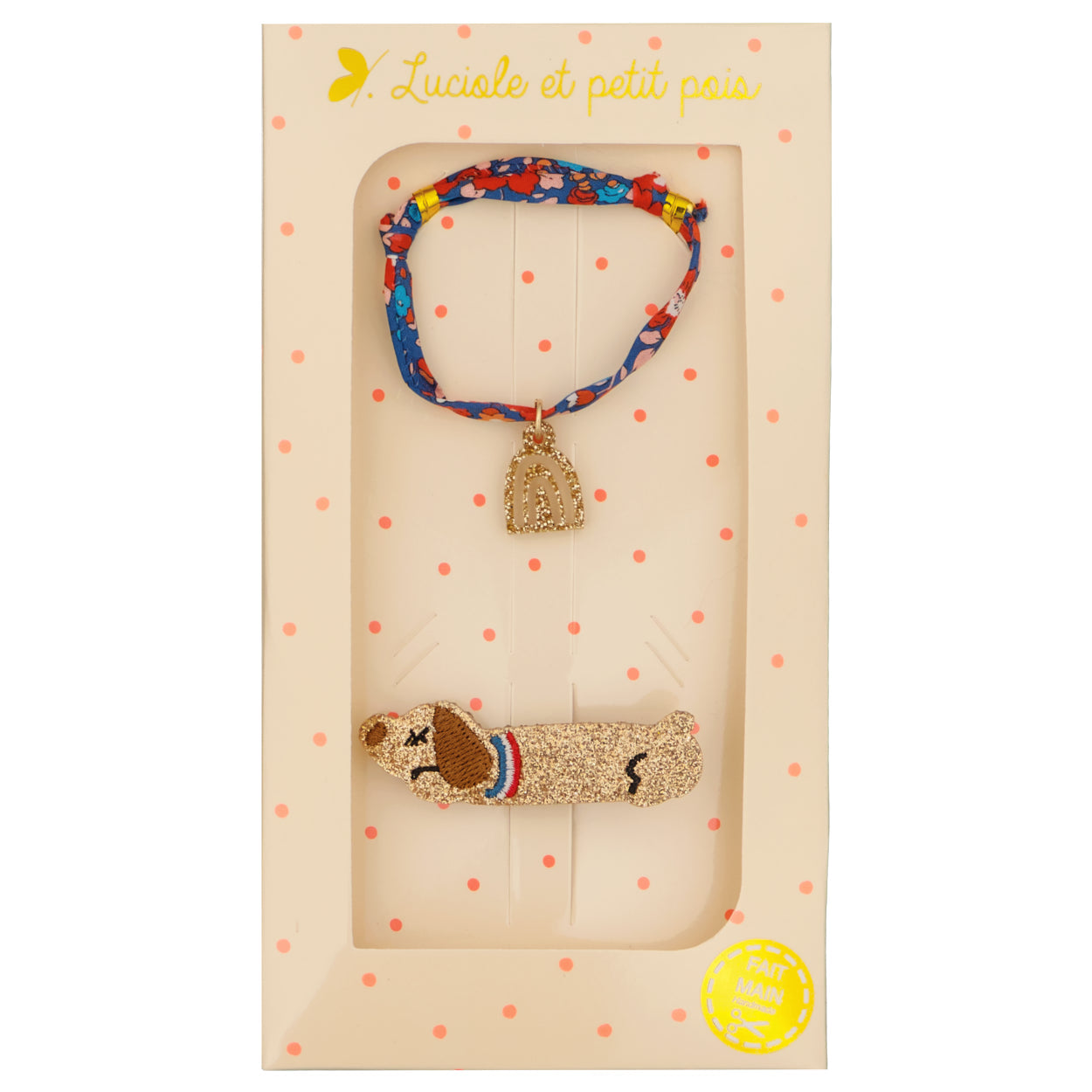 Coffret cadeau - Barrette teckel long & bracelet Liberty Betsy Ann écarlate (arc-en-ciel doré) | Luciole et petit pois