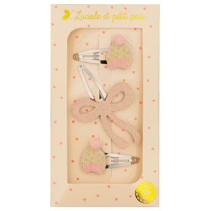 Coffret cadeau - Barrettes bonnets (paire) & grand nœud rose pâle | Luciole et petit pois