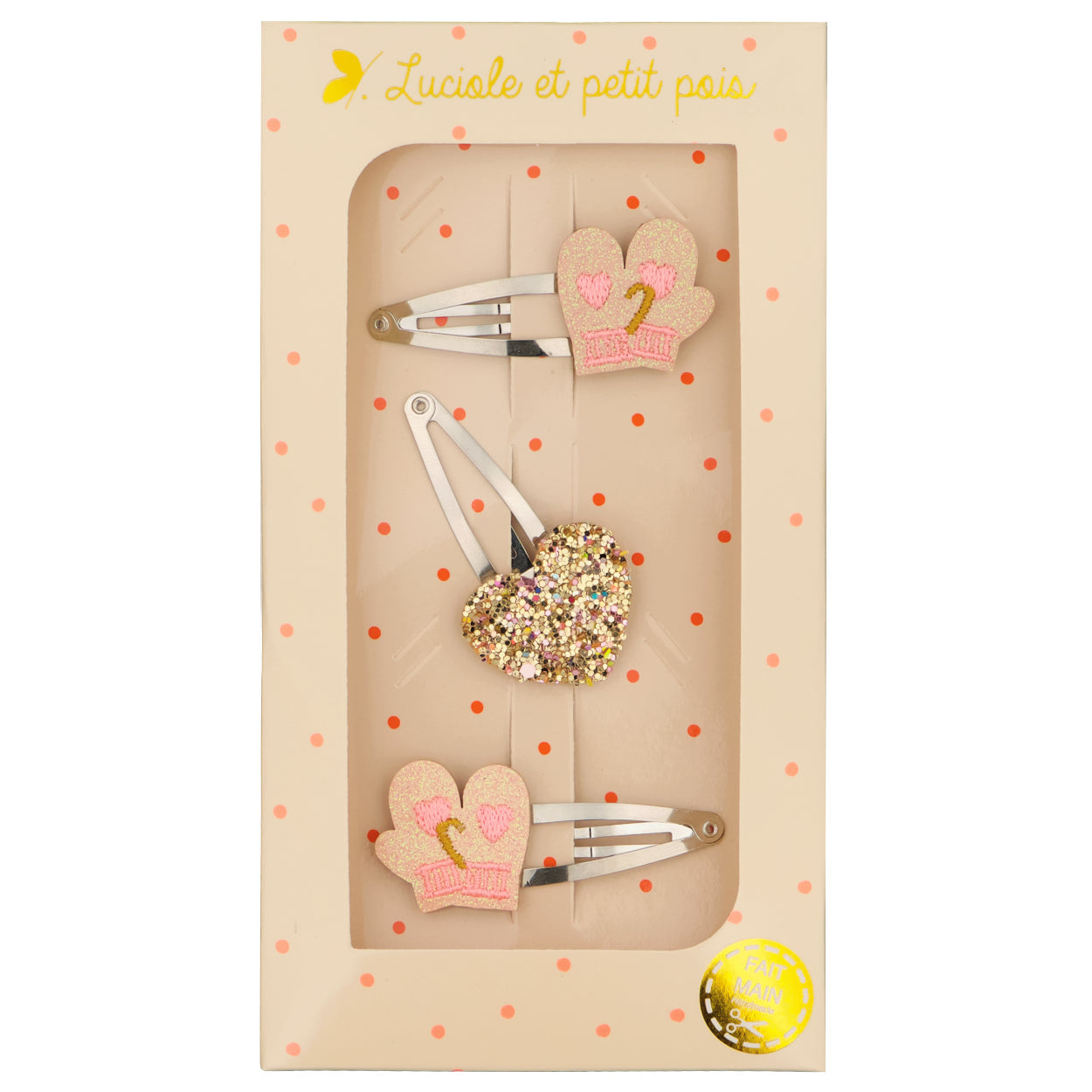 Coffret cadeau - Barrettes gants (paire) & cœur or multi | Luciole et petit pois