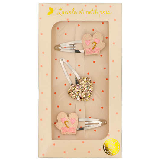 Coffret cadeau - Barrettes gants (paire) & cœur or multi | Luciole et petit pois