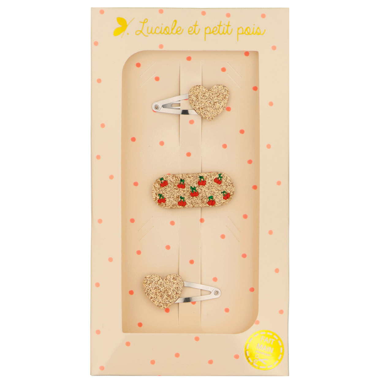 Coffret cadeau - Barrettes mini cœurs or (paire) & cerises rouges | Luciole et petit pois