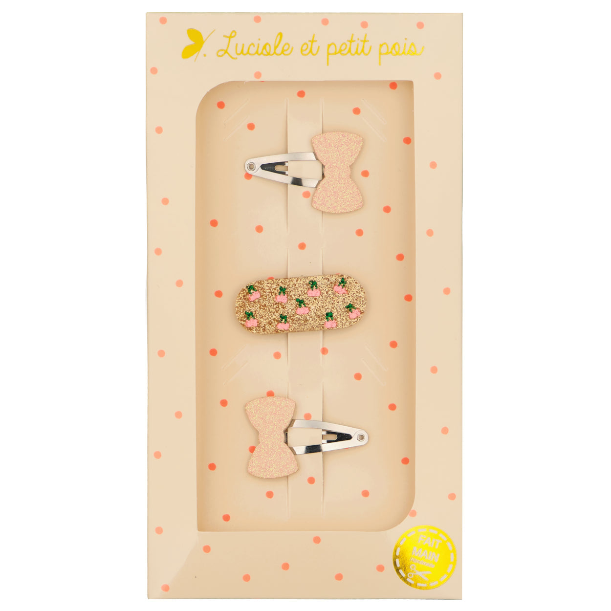 Coffret cadeau - Barrettes mini nœuds rose (paire) & cerises roses | Luciole et petit pois