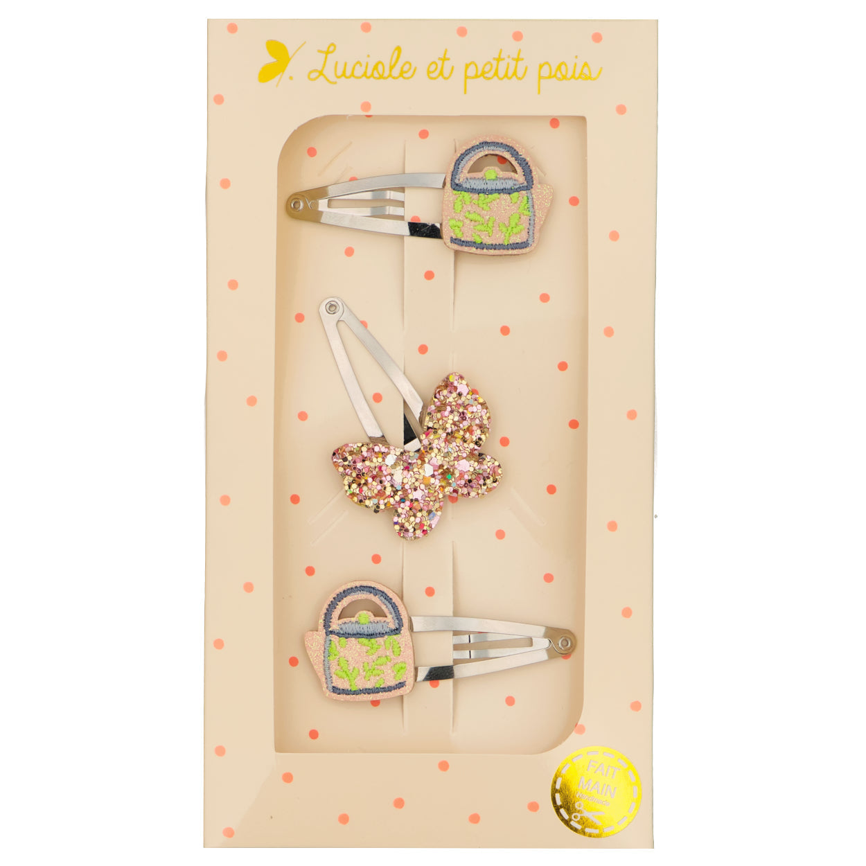 Coffret cadeau - Barrettes théières (paire) & papillon rose | Luciole et petit pois