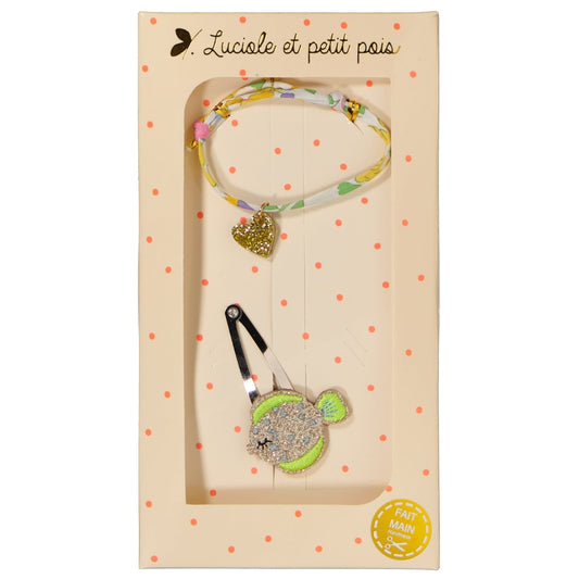 Coffret cadeau - Barrette cheveux & Bracelet - Poisson à pois & Libery Betsy mimosa | Luciole et petit pois