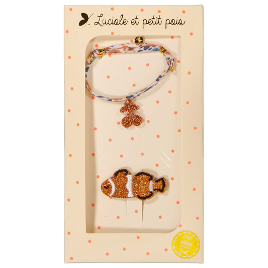 Coffret cadeau - Barrette cheveux & Bracelet - Poisson clown & Libery Victoria Fjord | Luciole et petit pois