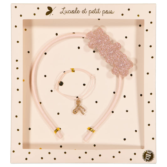 Coffret cadeau - Serre-tête fleurs de sakura & bracelet cordon rose pâle (nœud doré) | Luciole et petit pois