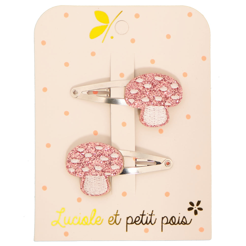 Paire de barrettes à cheveux en forme de champignons - 2,5 x 2,5 cm, glitter fuchsia, pinces clic clac 4 cm | Luciole et petit pois