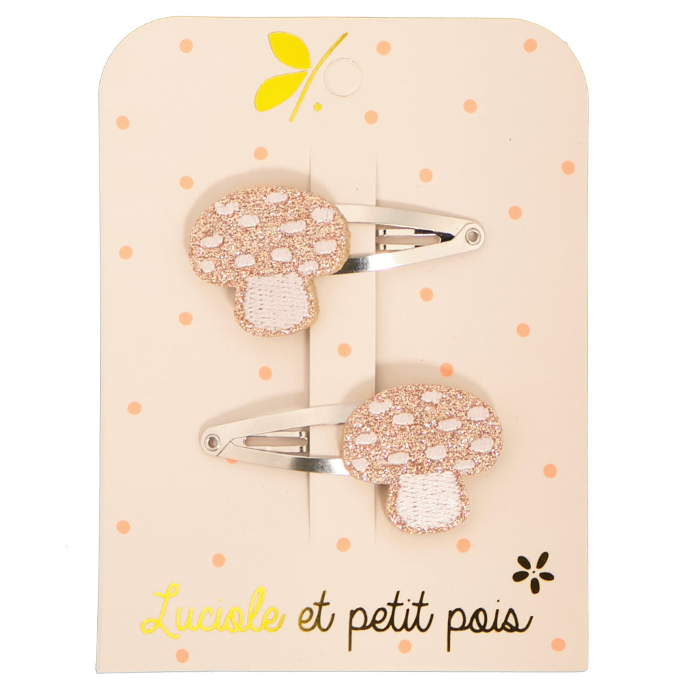 Paire de barrettes à cheveux en forme de champignons - 2,5 x 2,5 cm, glitter rose, pinces clic clac 4 cm | Luciole et petit pois