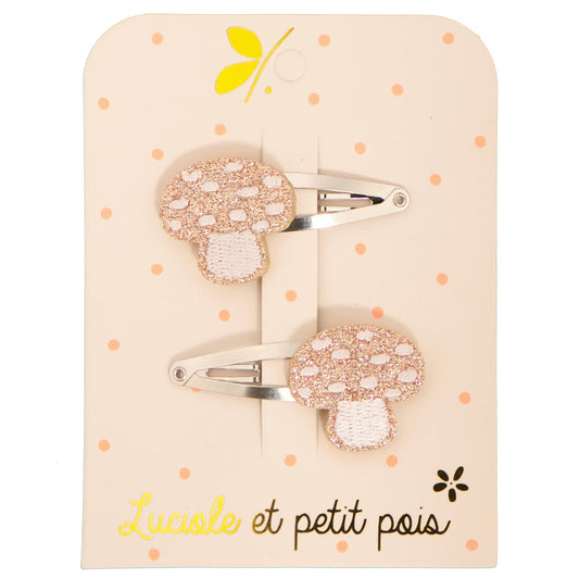 Paire de barrettes à cheveux en forme de champignons - 2,5 x 2,5 cm, glitter rose, pinces clic clac 4 cm | Luciole et petit pois