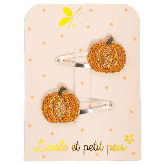 Paire de barrettes à cheveux en forme de citrouilles - 2,5 x 2,5 cm, glitter bronze, pinces clic clac 4 cm | Luciole et petit pois