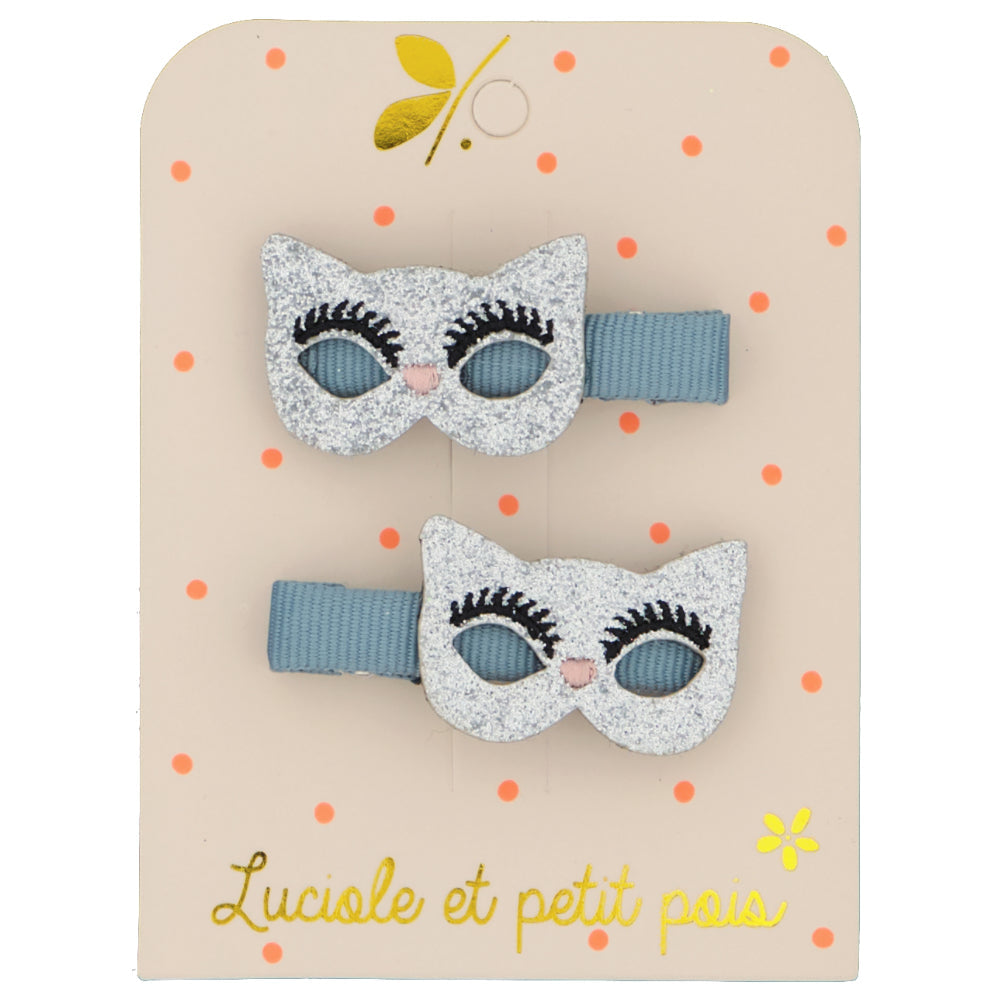 Accessoires coiffure - Barrettes masques - Glitter argenté (paire) - Pinces crocodile 5 cm | Luciole et petit pois