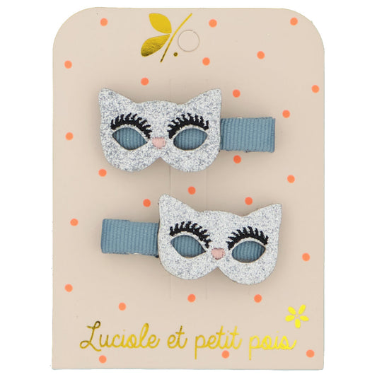 Accessoires coiffure - Barrettes masques - Glitter argenté (paire) - Pinces crocodile 5 cm | Luciole et petit pois