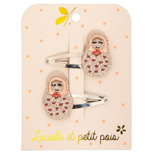 Paire de barrettes à cheveux en forme de poupées russes - 2 x 3 cm, glitter blanc, pinces clic clac 4 cm | Luciole et petit pois