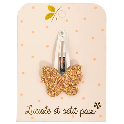 Barrette à cheveux en forme de papillon - 3,5 x 3 cm, glitter bronze, pince clic clac 5 cm | Luciole et petit pois